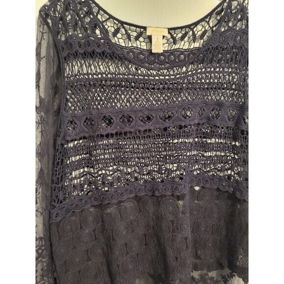 Chico's Blue Long Sleeve Crochet Bodice Sheer Sleeves Top  Blouse‎ Size 1 Medium - Picture 2 of 9